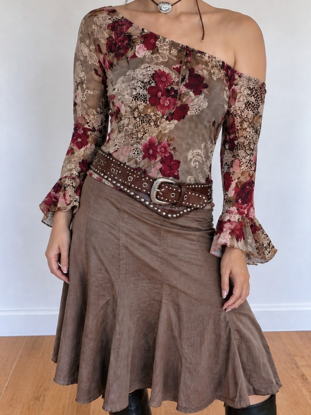 Notations Plum Floral Tie-Neck Blouse